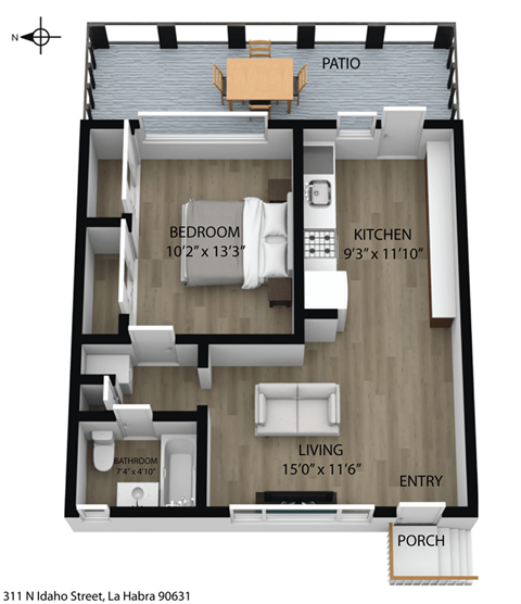 Floor plan for 1 bed, 1 bath, 680 sqft
